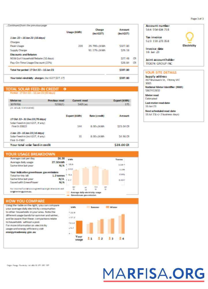 Blank New South Wales (NSW) Origin electricity utility business bill, SCR, page 3 real example
